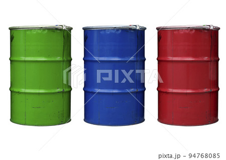 Steel barrels isolate. Colored barrels for oil, chemistry, industry on an empty white background Steel barrels isolate. Colored barrels for oil, chemistry, industry on an empty white background 94768085