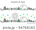 夏の熊本県の観光地の街並みと太陽のシンプル線画セット 94768163