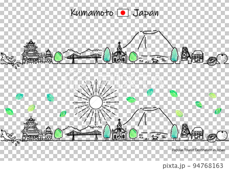 A simple line drawing set of the cityscape and the sun of a tourist spot in Kumamoto prefecture in the summer 94768163