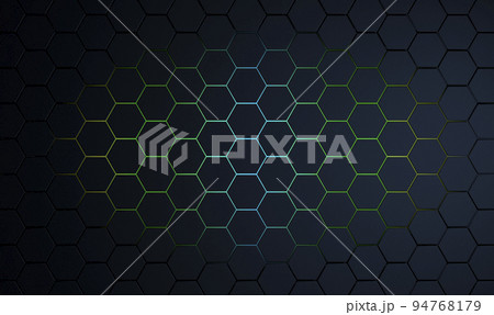 3d hexagon black background. Technology abstract geometry dark backdrop with honeycomb and neon texture. Science, technology, network concept 94768179