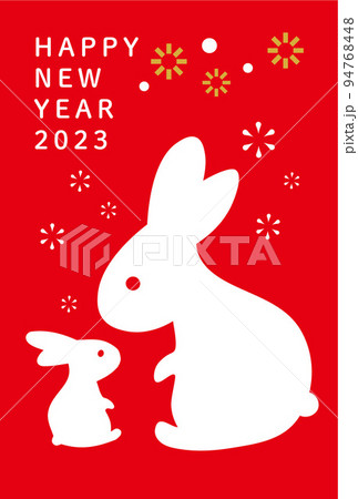 赤背景と白兎の親子の2023年年賀状テンプレート　ベクターイラスト 94768448