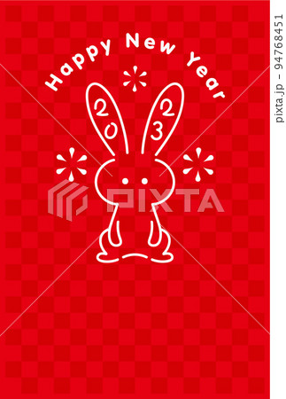 赤背景と正面を向いた線画のうさぎの2023年年賀状テンプレート　ベクターイラスト 94768451
