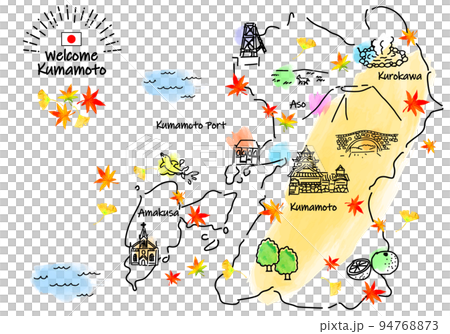 秋の熊本県の観光地シンプル線画イラストマップ 94768873