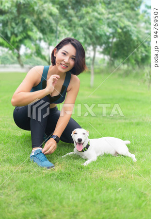 happy moment of woman and dog at home. happy moment of woman and dog at home. 94769507