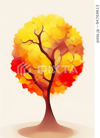 Beautiful autumn tree with lush foliage on a light beige background. Flat picture. Digital illustration 94769613