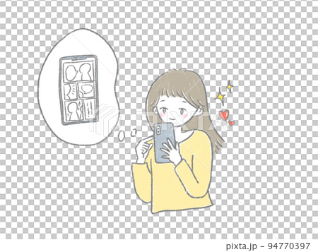 Hand-drawn illustration of a woman reading an electronic comic... 94770397