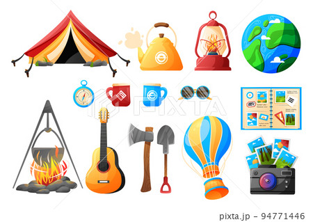 Tent, campfire, guitar, lamp, gas-burner, air balloon. Set of elements for Camping, traveling, trip, hiking. 94771446