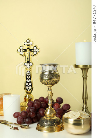 Concept or composition of Eucharist with different accessories Concept or composition of Eucharist with different accessories 94771547