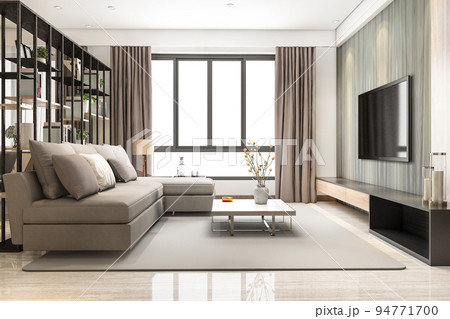 3d rendering loft luxury living room with bookshelf  94771700