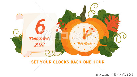Daylight saving time ends 2022, Fall Back concept. Alarm clock and calendar with the date of sunday, November 6 Daylight saving time ends 2022, Fall Back concept. Alarm clock and calendar with the date of sunday, November 6 94771859