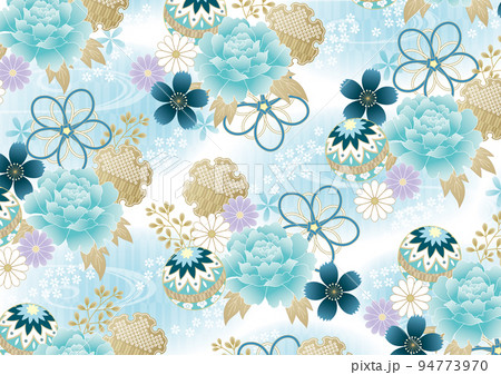 水色の牡丹と青い花の爽やか和柄 水色の牡丹と青い花の爽やか和柄 94773970