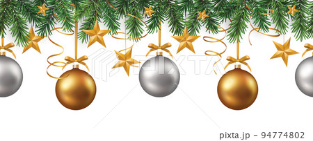 Vector seamless pattern with green branches and gold and silver christmas decorations on white background 94774802
