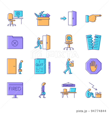 Resignation and dismissal icon set in colored line style 94774844