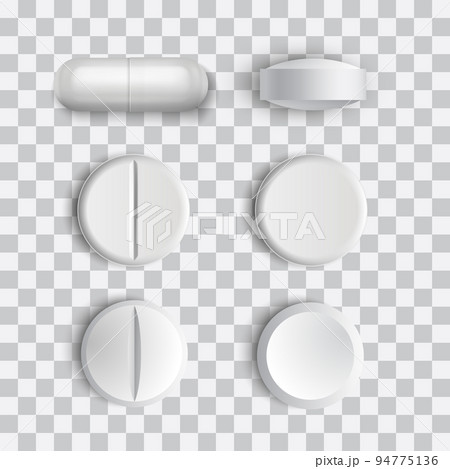 Set of different vector realistic white pills and capsule isolated on transparent background 94775136