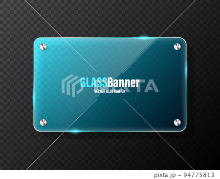 Realistic glass frame with metal holders. Blue transparent glass banner with flares and highlights. Glossy acrylic plate, element with light reflection and place for text. Vector illustration Realistic glass frame with metal holders. Blue transparent glass banner with flares and highlights. Glossy acrylic plate, element with light reflection and place for text. Vector illustration 94775813