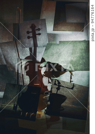 Abstract decorative still life with a violin and a moonfish. Stylization 94776164