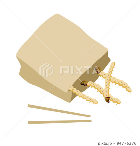 Edible larva in paper bag and packaging. Eating caterpillar with chopsticks. Edible larva in paper bag and packaging. Eating caterpillar with chopsticks. 94776276