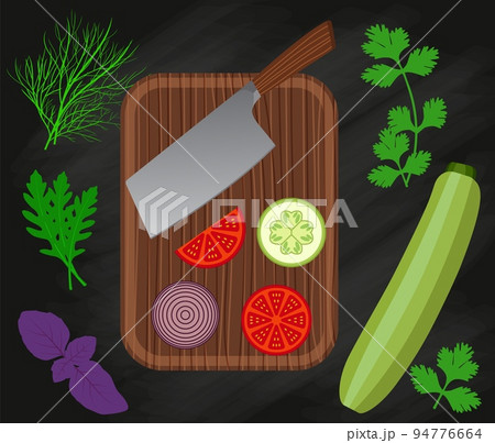 Vector illustration of chopping board on table with vegetables, greenery and knife. 94776664