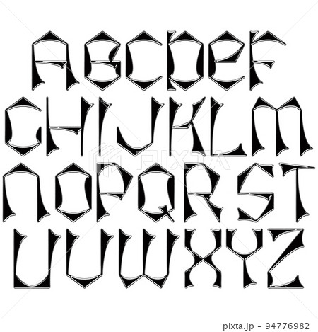 Cuneiform font.Vector decorative alphabet.Black letters isolated on white background. 94776982