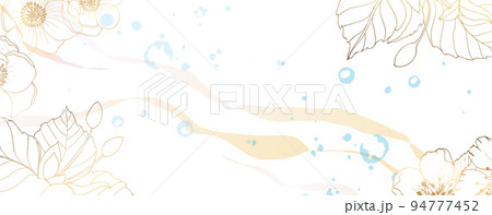 Luxurious golden wallpaper. White background and blue watercolor stains with rose buds. Golden olive leaves with a glossy light texture. Wall mural of contemporary art. Vector illustration. Luxurious golden wallpaper. White background and blue watercolor stains with rose buds. Golden olive leaves with a glossy light texture. Wall mural of contemporary art. Vector illustration. 94777452