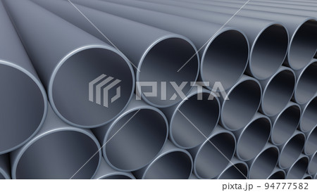 DOF camera 3D illustration of the PVC pipes stacked at warehouse 94777582