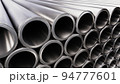 DOF camera 3D illustration of the steel pipes stacked at warehouse 94777601