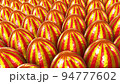 Realistic 3D illustration of the fancy textured golden foil striped Easter eggs rendered as background 94777602