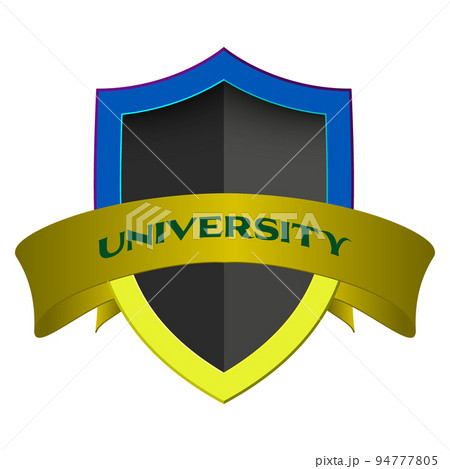 Shield with dark yellow border and yellow ribbon, science logo, university 94777805