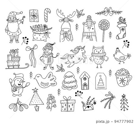 Doodles collection Christmas characters and decor. Cute Santa Claus, snowman, unicorn, bear and owl, elk and bird, christmas tree and gingerbread, sleigh, gift bag, dessert. Isolated Vector Linear Doodles collection Christmas characters and decor. Cute Santa Claus, snowman, unicorn, bear and owl, elk and bird, christmas tree and gingerbread, sleigh, gift bag, dessert. Isolated Vector Linear 94777902
