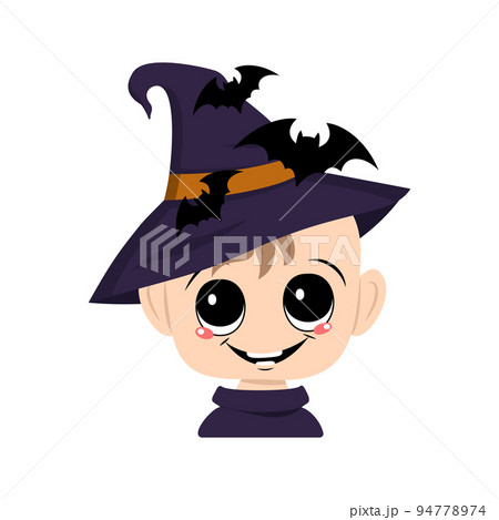 Avatar of a child with big eyes and a wide happy smile in a pointed witch hat with bats. The head of a toddler with a joyful face. Halloween party decoration Avatar of a child with big eyes and a wide happy smile in a pointed witch hat with bats. The head of a toddler with a joyful face. Halloween party decoration 94778974