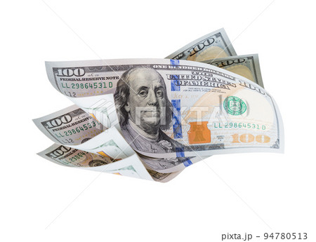 Three One Hundred Dollar Bills Floating or Falling Together. 94780513
