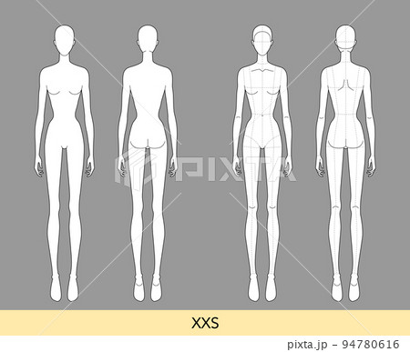 Set of XXS size Women Fashion template 9 head size Croquis Lady model skinny body figure front, back view. Vector Set of XXS size Women Fashion template 9 head size Croquis Lady model skinny body figure front, back view. Vector 94780616