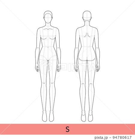 S Size Women Fashion template 9 nine head Croquis Lady model skinny body with main lines figure front, side, 3-4, back S Size Women Fashion template 9 nine head Croquis Lady model skinny body with main lines figure front, side, 3-4, back 94780617