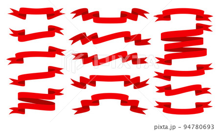 Red ribbon flat set. Blank tape banner for advertising promotion, sale text, heading, title decoration, badge, emblem, frame. Curled, scroll ribbons. Elegant retro flag, background stripe 94780693