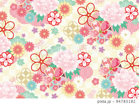 ピンクや水色のかわいい花の豪華和柄 94783182