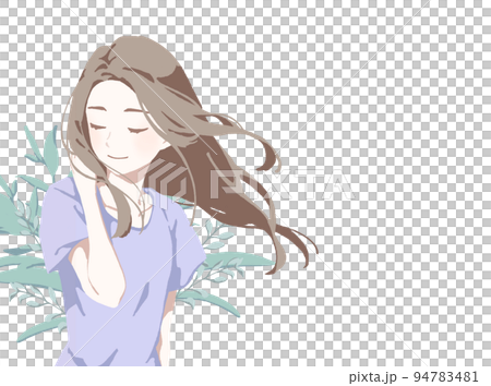 さらさらの髪を靡かせて微笑む女性 94783481