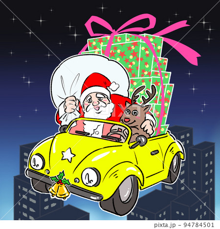 クリスマスにプレゼントを満載し車で配達する笑顔のサンタさんと