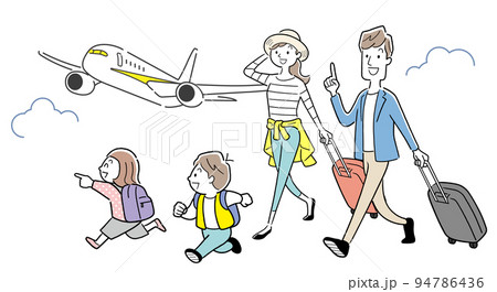 ベクターイラスト素材：飛行機で旅行へ行く4人家族 94786436