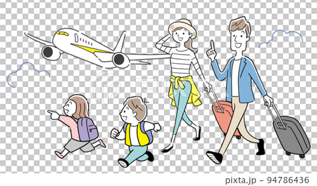 ベクターイラスト素材：飛行機で旅行へ行く4人家族 94786436