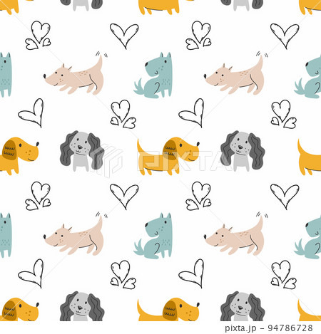 Cute puppy and heart. Seamless pattern. Tailoring and printing on fabric. Wrapping paper with dogs. 94786728