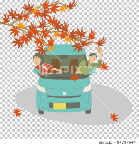 一對夫婦從一輛輕型汽車上看秋葉 一對夫婦從一輛輕型汽車上看秋葉 94787644