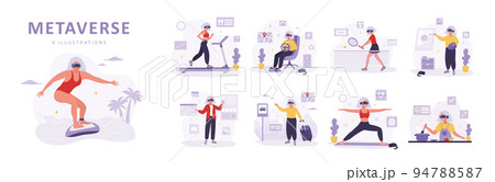Metaverse concept. Elderly women in VR headsets working, doing sport and painting. Video game simulator. Modern technological entertainment. Set of vector illustrations in flat style 94788587