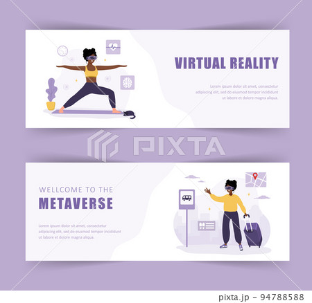 Metaverse banners. African women wearing VR headset. Virtual reality and Cyberspace. Modern technology entertainment. Vector illustration in flat cartoon style 94788588