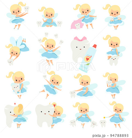 Cute Little Tooth Fairy with Blond Hair and Ponytail with First Baby Tooth Big Vector Set 94788893