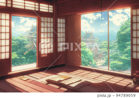 landscape traditional japanese temple and houses anime background wallpaper  Stock Illustration