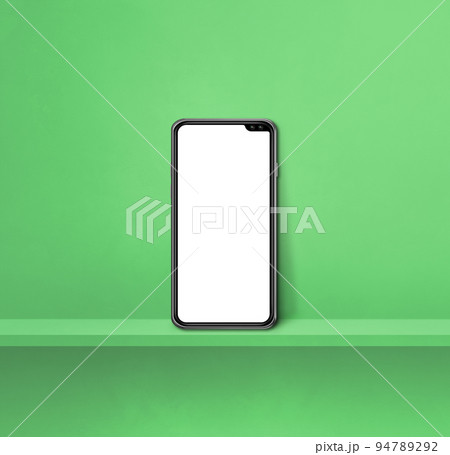 Mobile phone on green wall shelf. Square background Mobile phone on green wall shelf. Square background 94789292
