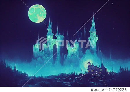 3D render of Dracula castle is lit in a forest at night with a full moon. Digital illustration 94790223