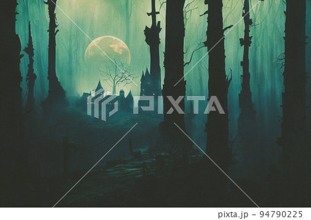 3D render of Dracula castle is lit in a forest at night with a full moon. Digital illustration 3D render of Dracula castle is lit in a forest at night with a full moon. Digital illustration 94790225