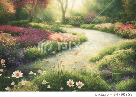3D render digital painting of garden with flowers and trees, Floral HD wallpaper 94790355