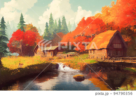 3D render digital painting of cabin near a river in the redwood forest 94790356